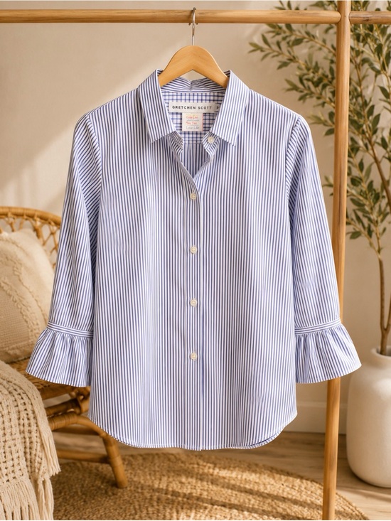 Gretchen Scott Designs Tops - Gretchen Scott Blue White Striped Button-Up Shirt Sz M P2P 21’